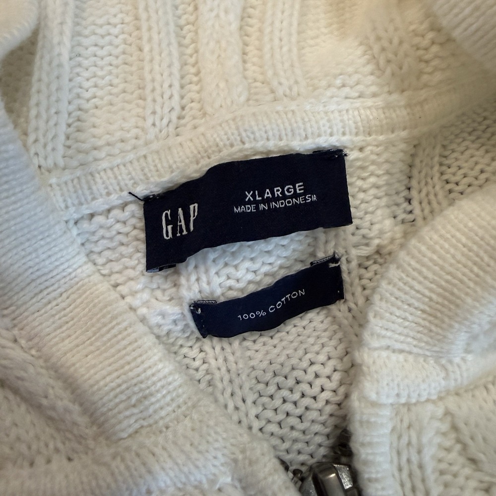 Gap 100% Cotton Cable-Knit Zip Cardigan Sweater XL White Hooded Preppy Coastal - Picture 4 of 9
